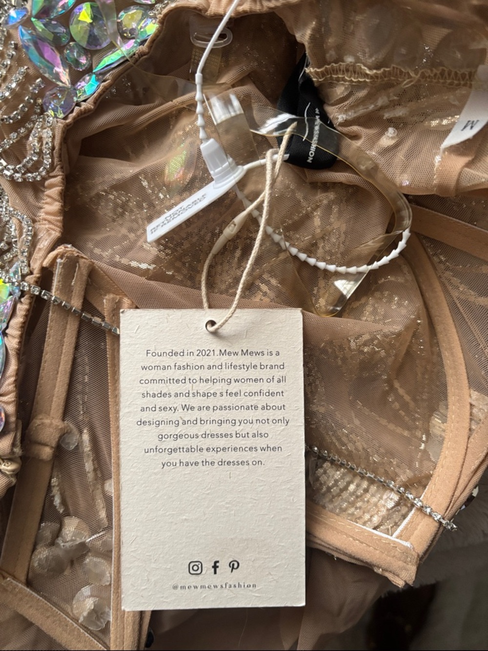 Nude Embellished Mini Dress with Crystal Beading - Picture 4 of 4